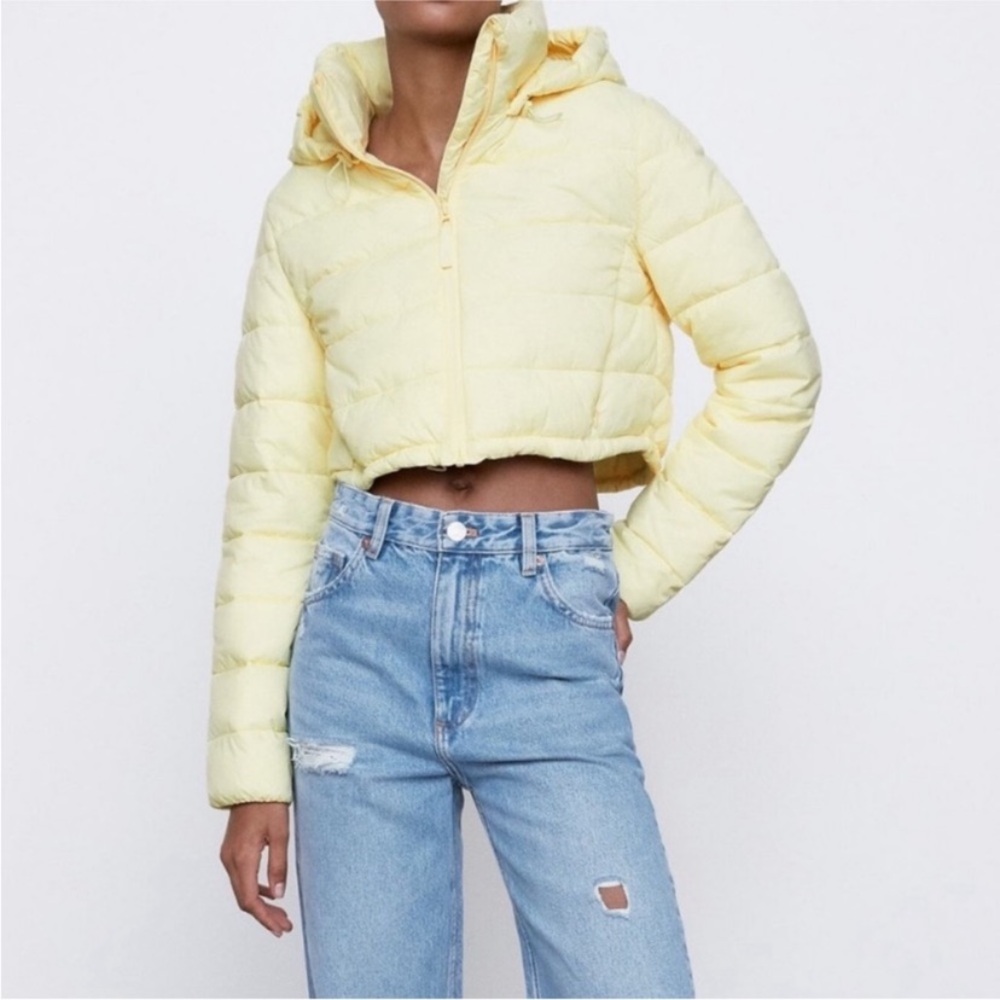 Zara Butter Yellow Cropped Puffer Jacket